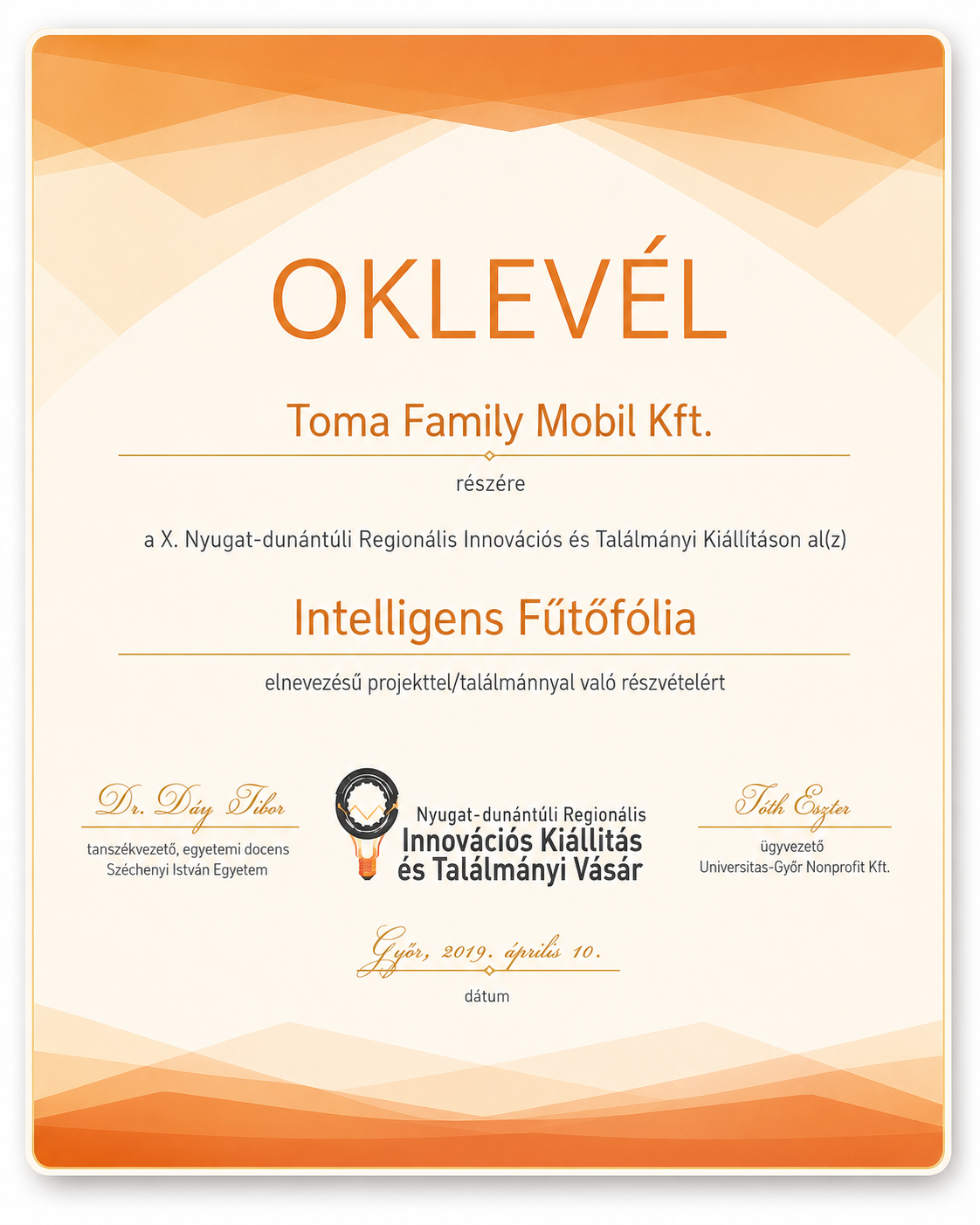 Oklevél – Intelligens Fűtőfólia